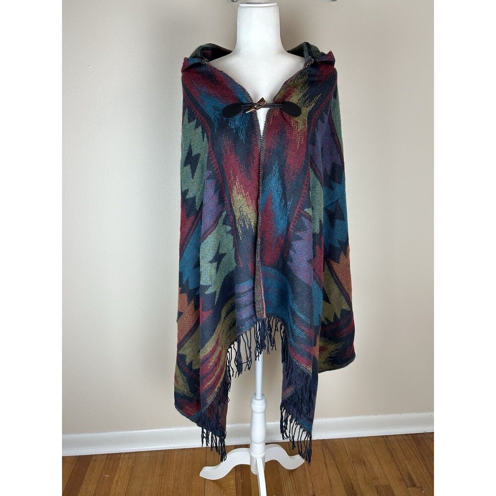Woven Heart Ruana Wrap Poncho Southwest Aztec Tribal Patterned Fringe Cardigan